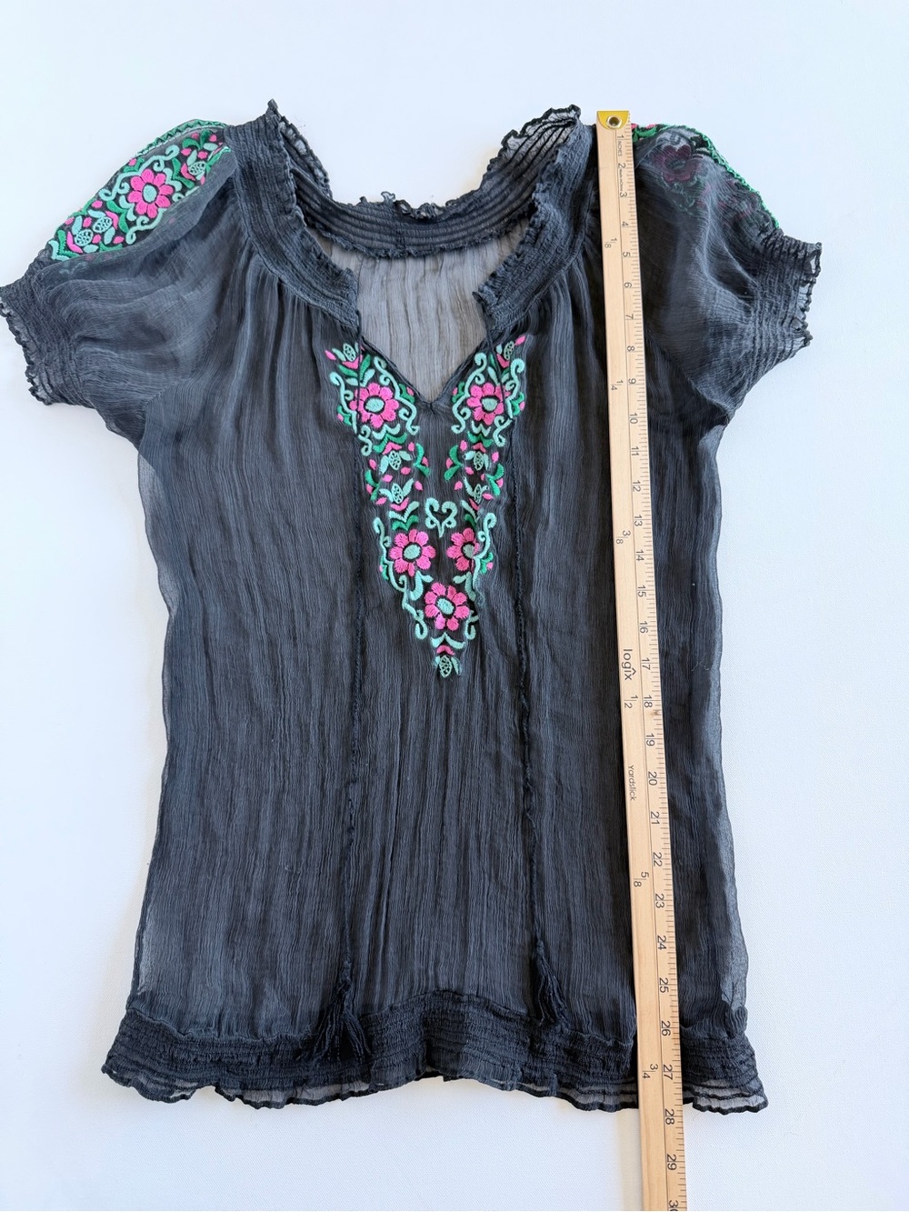 Black Silk Embroidered Sheer Boho Peasant Tunic Blouse Pink Floral No Size - Picture 6 of 8